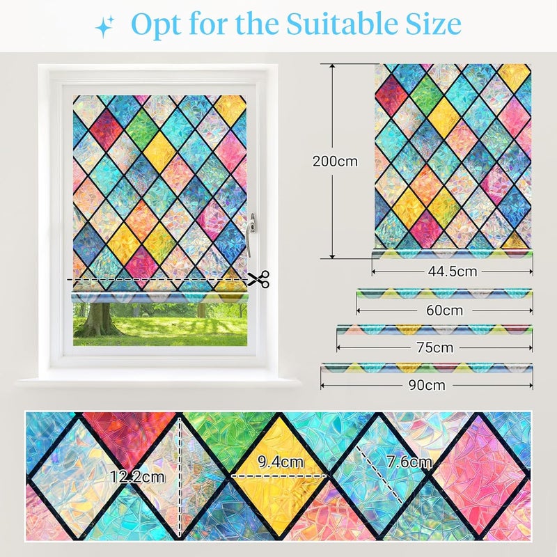 Haton Stained Glass Window Film, Rainbow Window Privacy Film, Decorative Sun Blocking Glass Clings Stickers, Static Cling Colorful Lattice Coverings Decals for Home Door 17.5" x 157.4" - Image 5